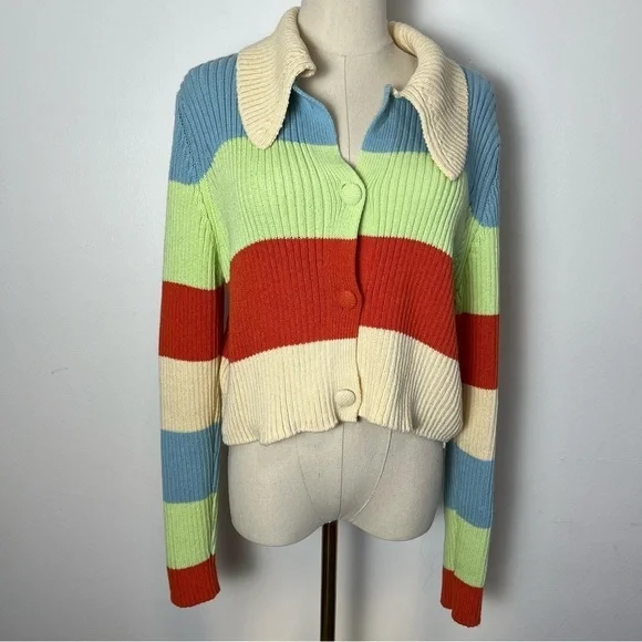 Zara Striped Button Front Knit Cardigan Sweater with Collar - Picture 2 of 8